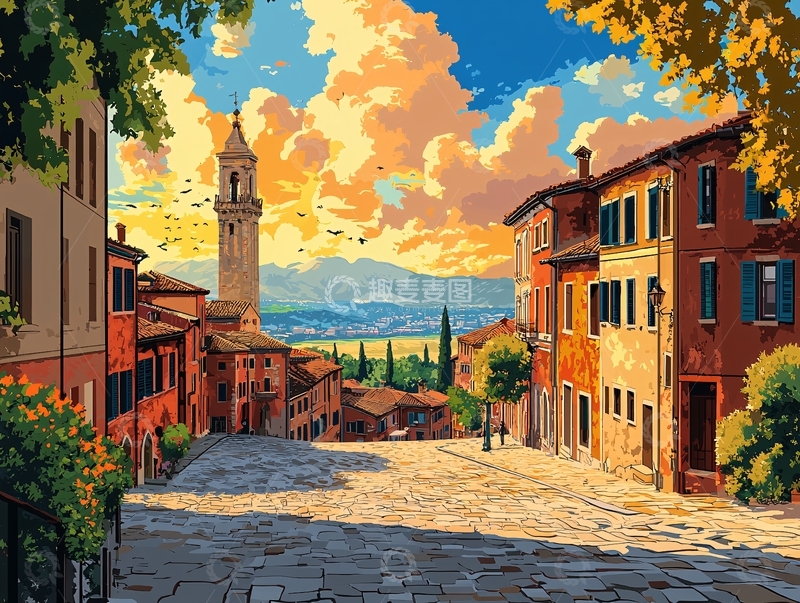 高清大图下载【趣麦麦图】夕阳下的意大利小镇街道