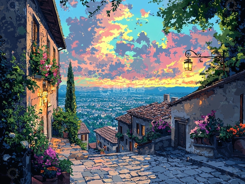 高清大图下载【趣麦麦图】山坡小镇夕阳美景