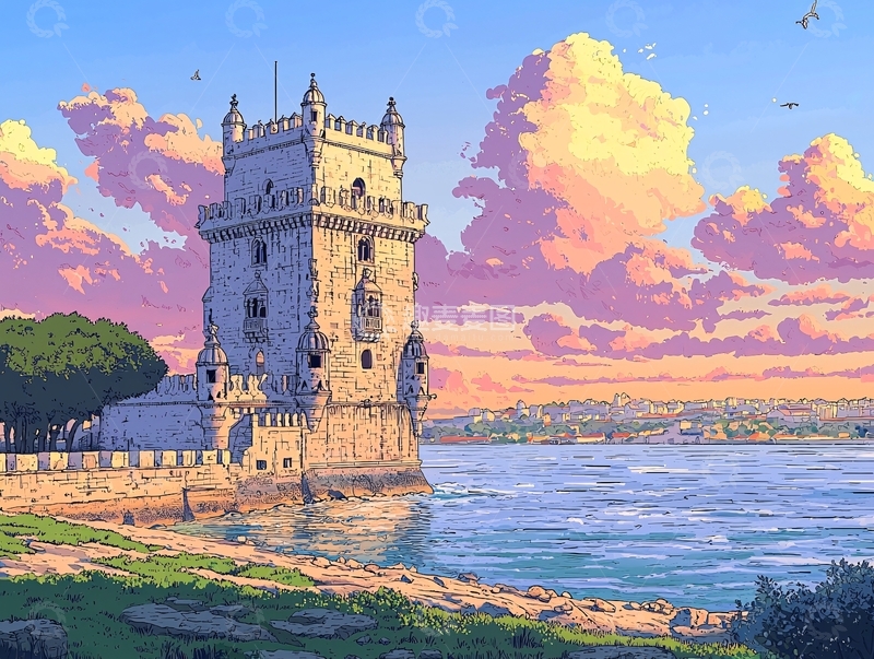 高清大图下载【趣麦麦图】贝伦塔日落风景画