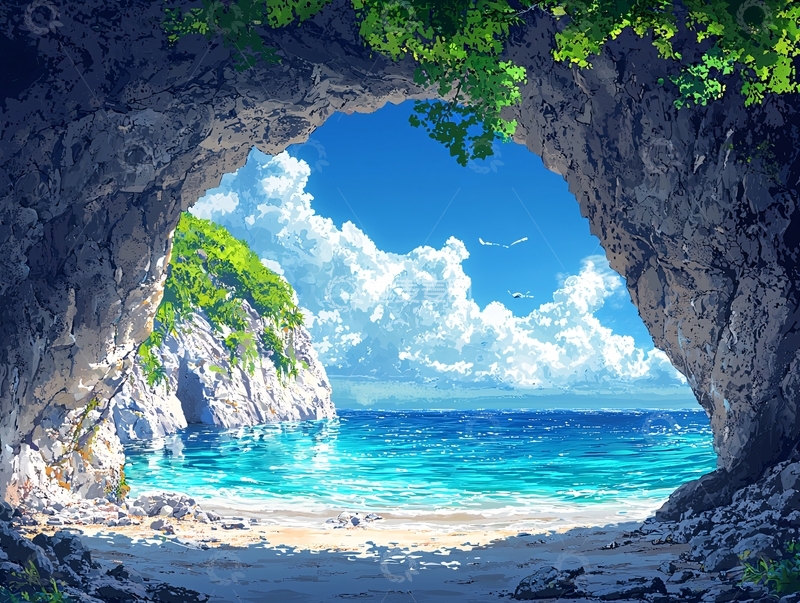 高清大图下载【趣麦麦图】洞穴里的海滩风景