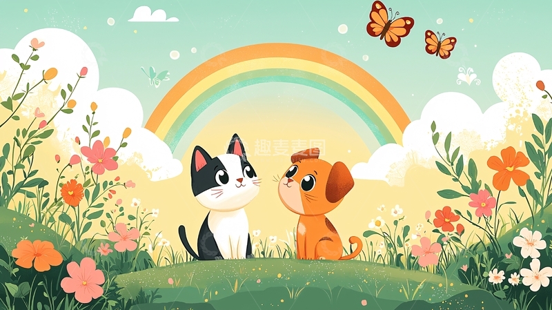 高清大图下载【趣麦麦图】卡通猫咪狗狗彩虹花田