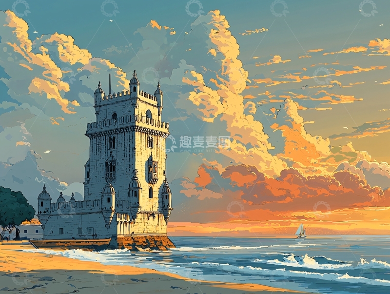 高清大图下载【趣麦麦图】贝伦塔日落海景图