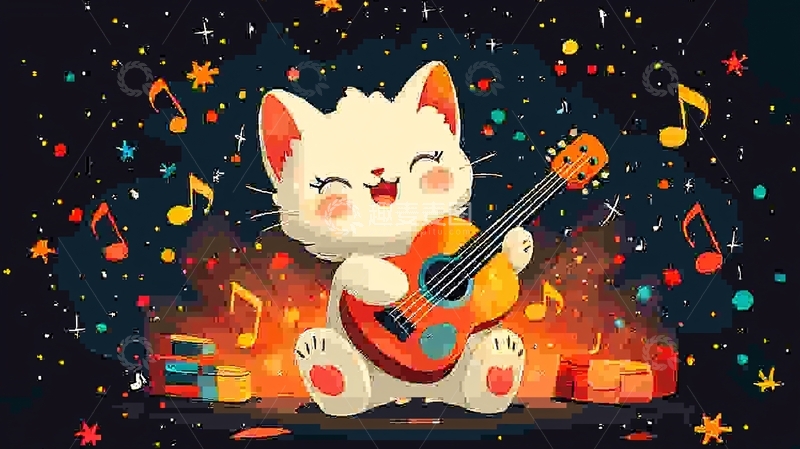高清大图下载【趣麦麦图】弹吉他的可爱猫咪