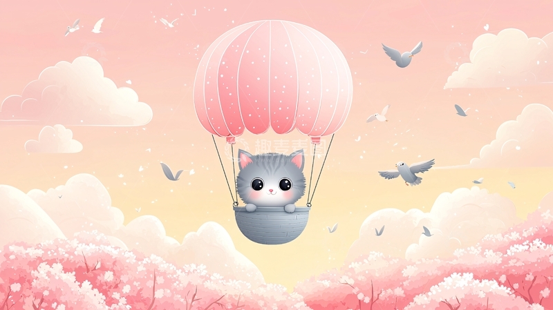 高清大图下载【趣麦麦图】粉色系猫咪热气球