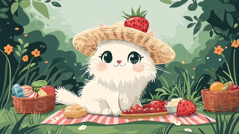 高清大图下载【趣麦麦图】戴草帽的可爱猫咪野餐