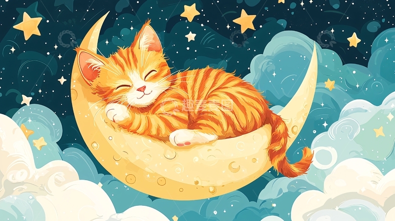 高清大图下载【趣麦麦图】小猫睡在月亮上