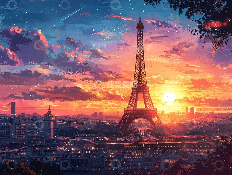 高清大图下载【趣麦麦图】埃菲尔铁塔日落剪影