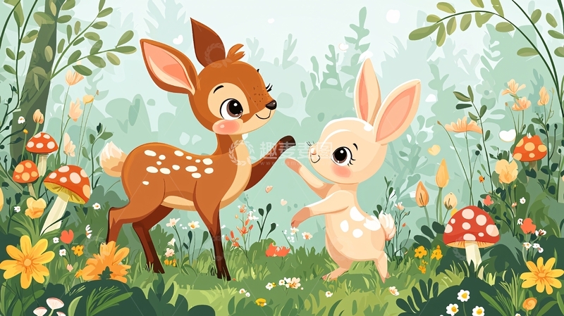 高清大图下载【趣麦麦图】森林小鹿和兔子