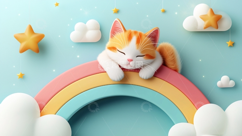 高清大图下载【趣麦麦图】小猫彩虹云朵梦乡