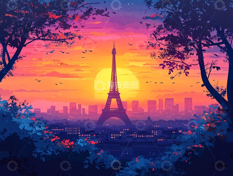 高清大图下载【趣麦麦图】浪漫巴黎日落剪影