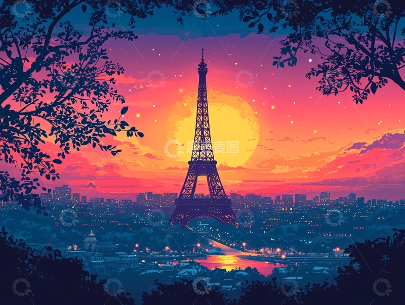 高清大图下载【趣麦麦图】埃菲尔铁塔日落剪影