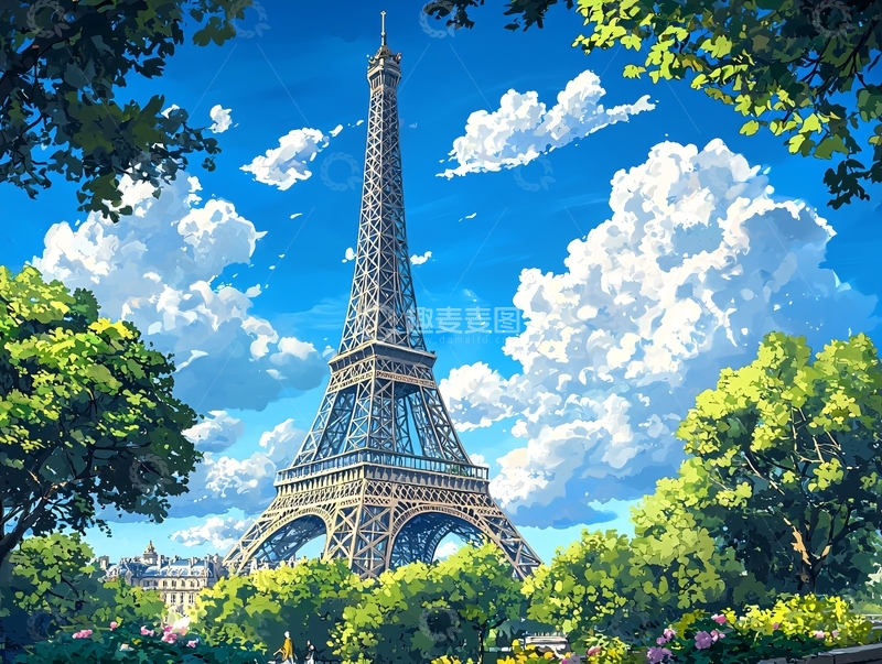 高清大图下载【趣麦麦图】埃菲尔铁塔下的绿树蓝天