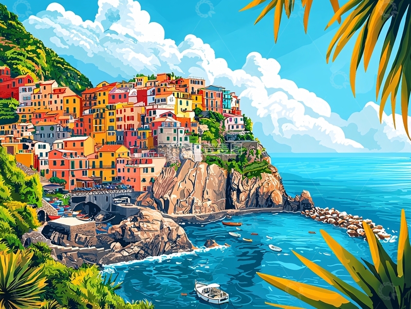 高清大图下载【趣麦麦图】彩色山海小镇风景画