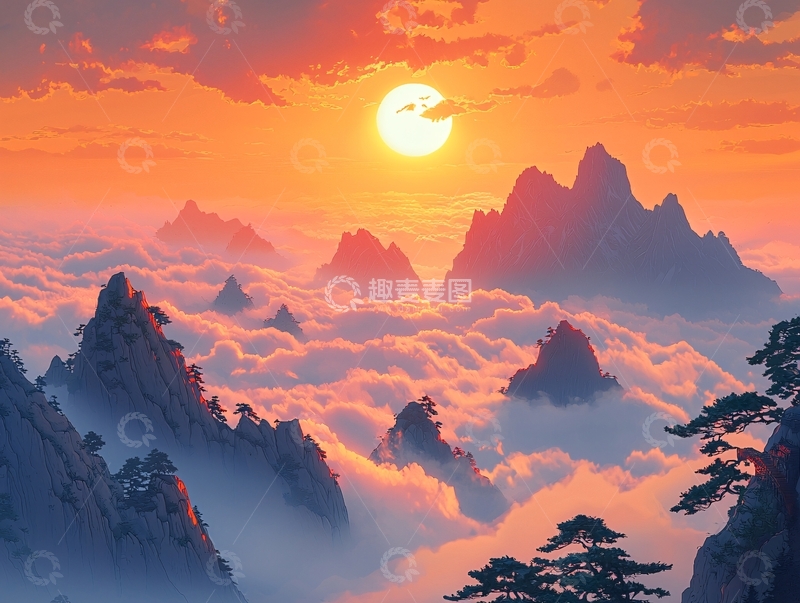 高清大图下载【趣麦麦图】日出云海山峰