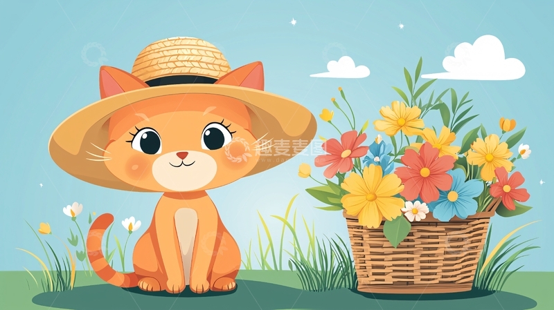 高清大图下载【趣麦麦图】戴草帽的可爱猫咪