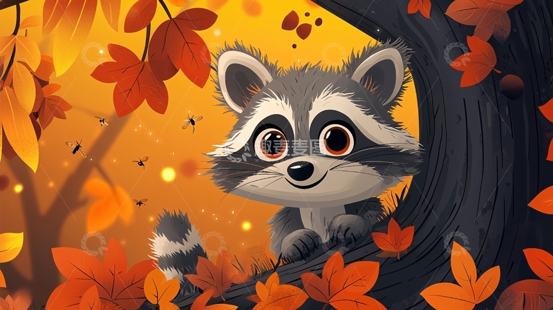 高清大图下载【趣麦麦图】秋日树林里的小浣熊