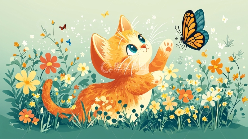 高清大图下载【趣麦麦图】小猫追逐蝴蝶