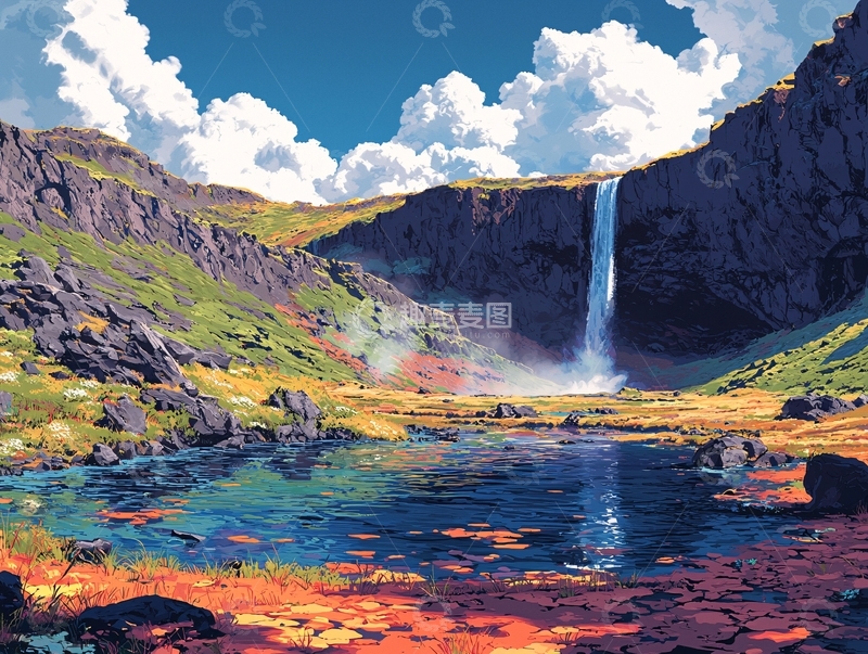 高清大图下载【趣麦麦图】山间瀑布风景画