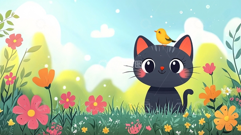 高清大图下载【趣麦麦图】可爱猫咪和黄鸟