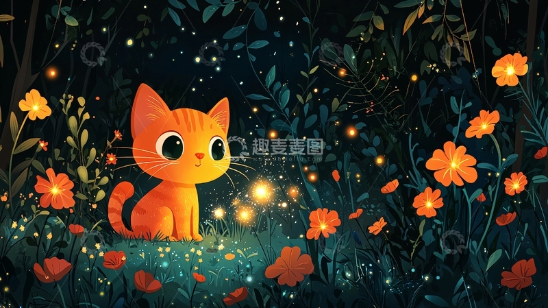 高清大图下载【趣麦麦图】小猫萤火虫花丛夜色