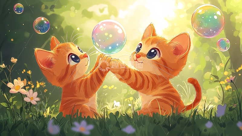 高清大图下载【趣麦麦图】两只小猫玩泡泡