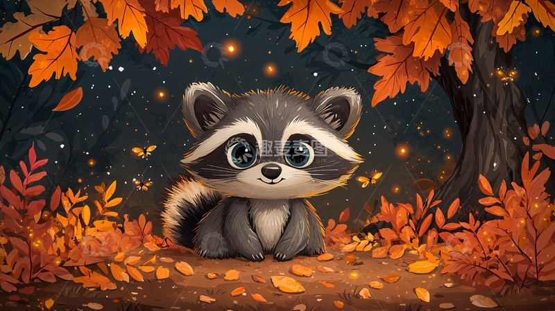 高清大图下载【趣麦麦图】秋天树林小浣熊