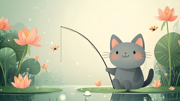 卡通猫咪钓鱼