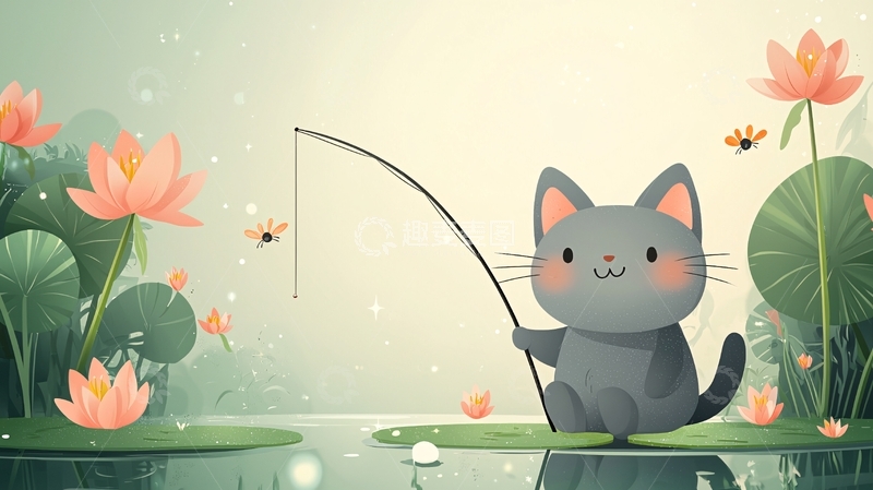 高清大图下载【趣麦麦图】卡通猫咪钓鱼