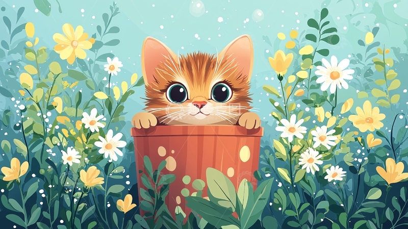 高清大图下载【趣麦麦图】小猫花丛中盆栽