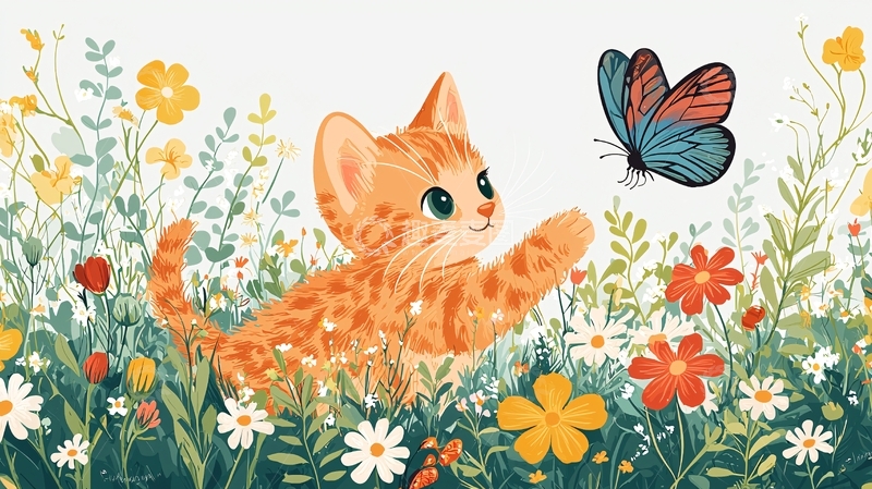 高清大图下载【趣麦麦图】小猫与蝴蝶在花丛中