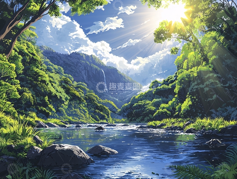 高清大图下载【趣麦麦图】阳光森林河流峡谷