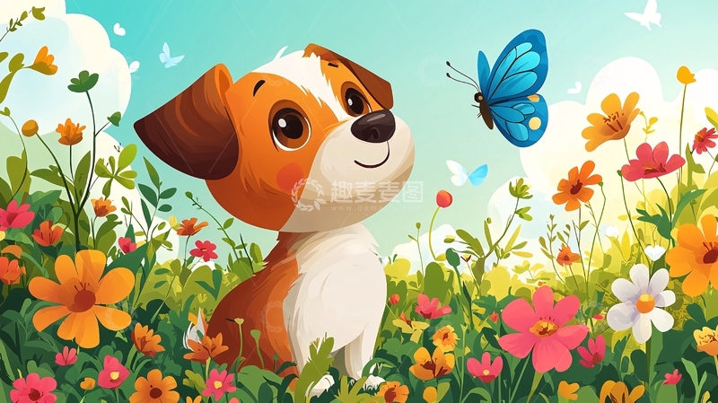 高清大图下载【趣麦麦图】可爱小狗看蝴蝶