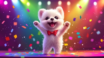 彩色舞台上快乐的小狗