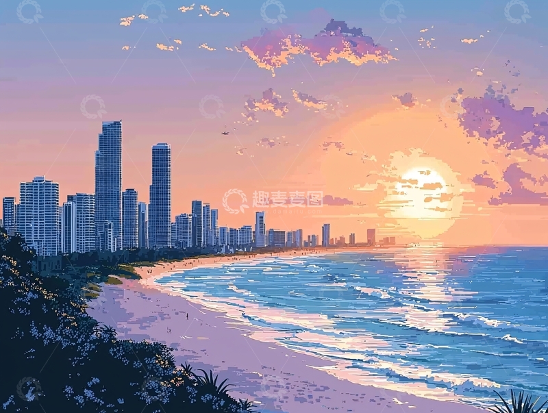 高清大图下载【趣麦麦图】城市海滩日落