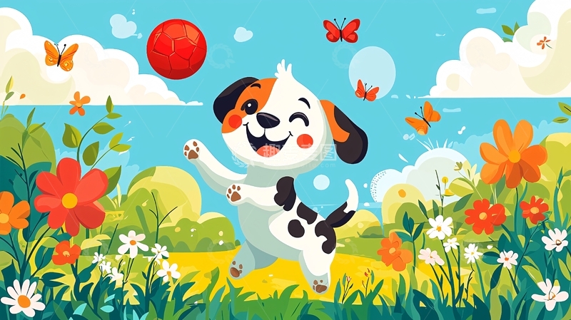 高清大图下载【趣麦麦图】小狗玩球的卡通插画