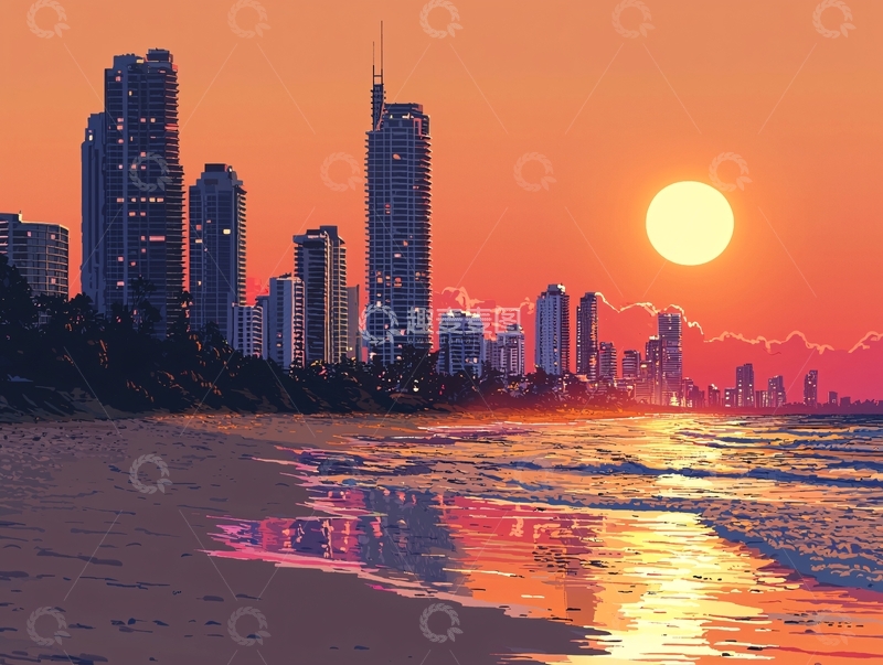高清大图下载【趣麦麦图】海滩城市日落景观