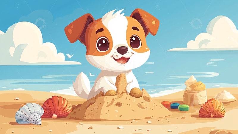 高清大图下载【趣麦麦图】沙滩上可爱的小狗