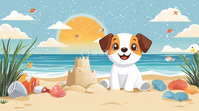 高清大图下载【趣麦麦图】沙滩上的小狗