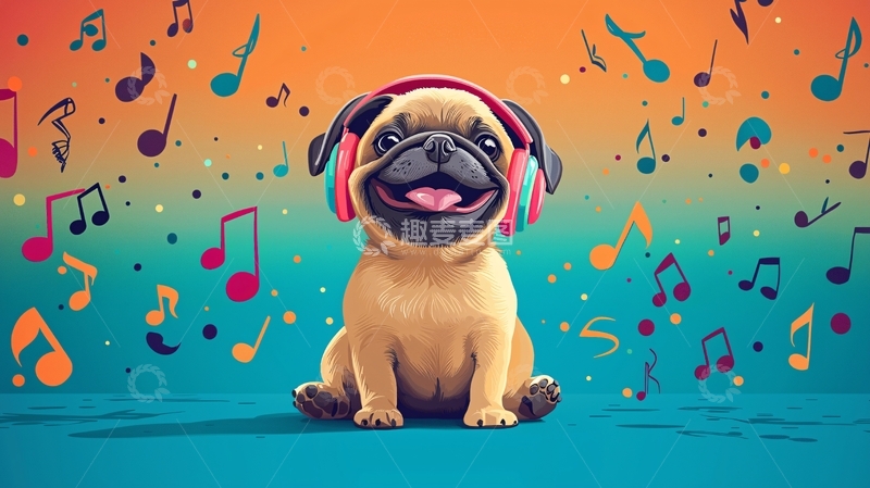 高清大图下载【趣麦麦图】戴耳机听音乐的巴哥犬