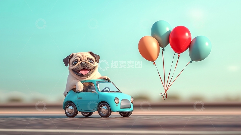 高清大图下载【趣麦麦图】小巴哥开着蓝色小车