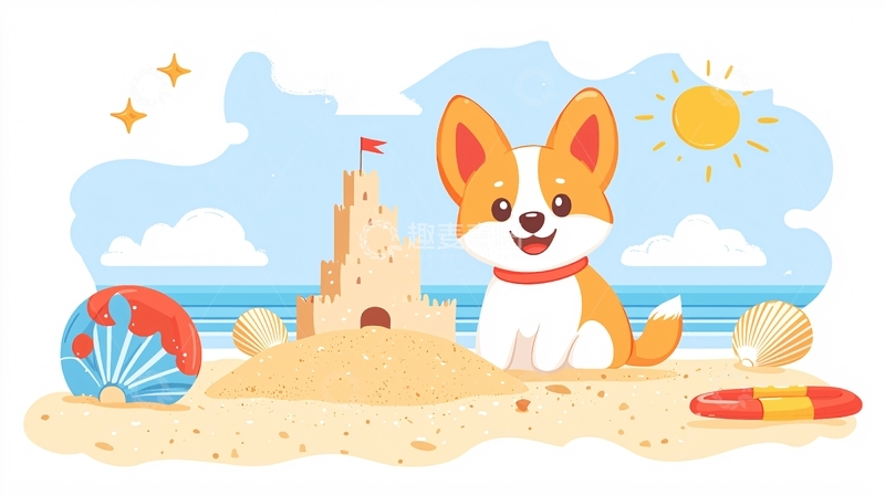 高清大图下载【趣麦麦图】可爱柯基沙滩玩耍