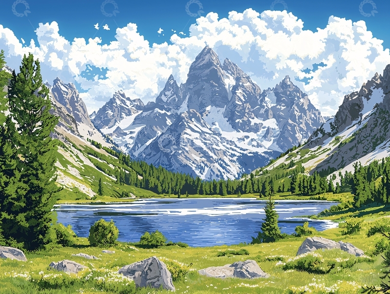 高清大图下载【趣麦麦图】雪山湖泊风景画