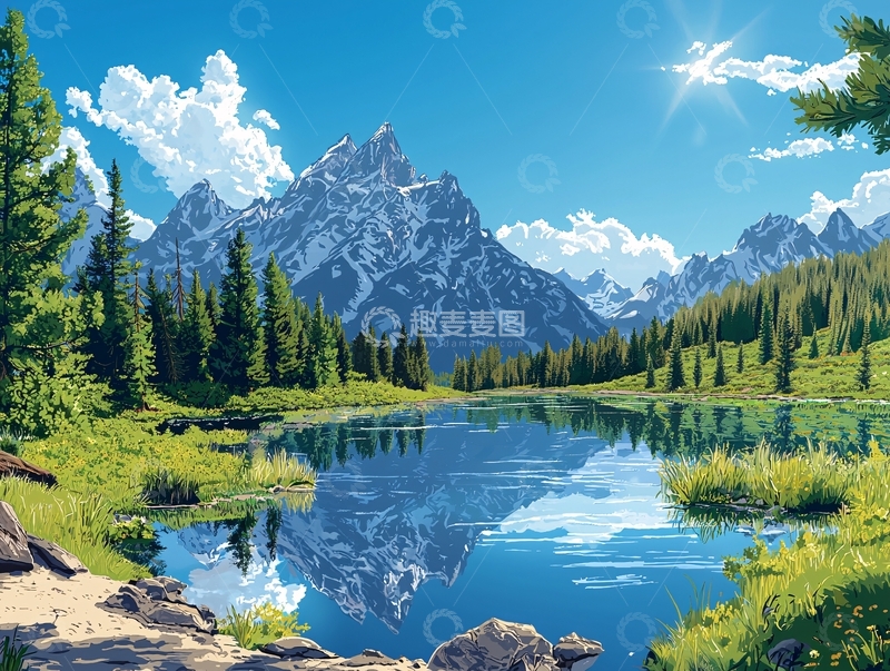 高清大图下载【趣麦麦图】阳光明媚下的雪山湖泊