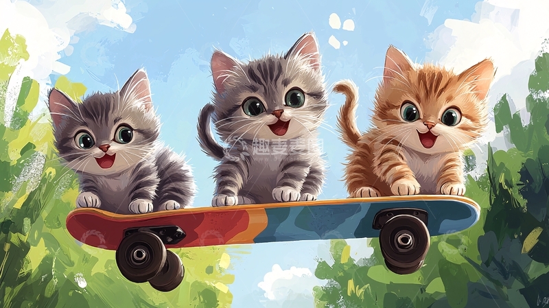 高清大图下载【趣麦麦图】三只小猫滑滑板