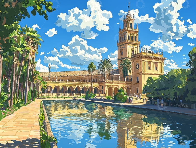 高清大图下载【趣麦麦图】阳光下的西班牙建筑与花园