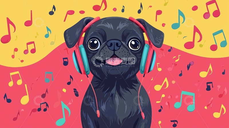 高清大图下载【趣麦麦图】戴耳机听歌的巴哥犬