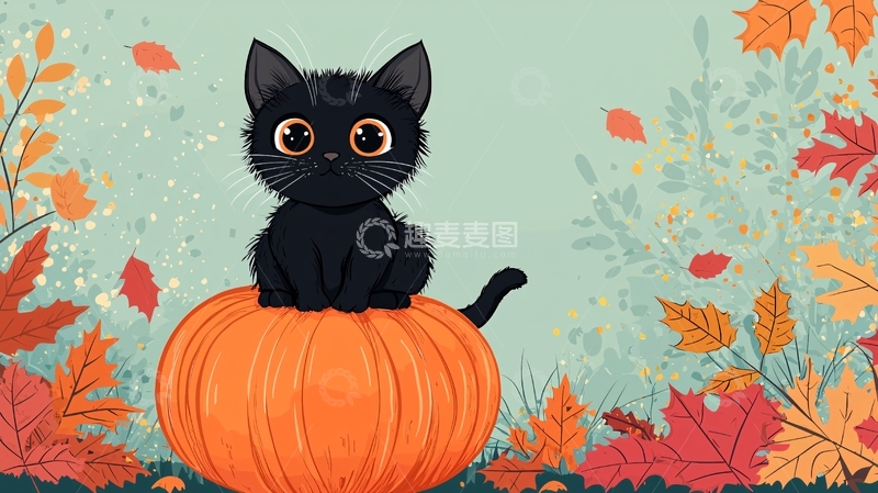 高清大图下载【趣麦麦图】黑猫坐南瓜