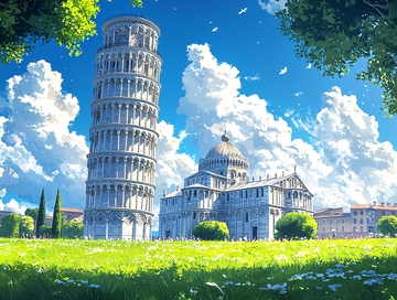 碧空下倾斜的比萨斜塔