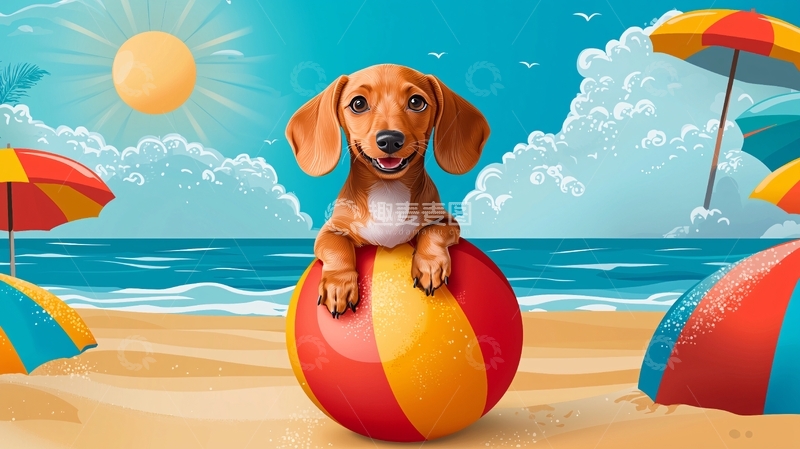 高清大图下载【趣麦麦图】沙滩上快乐的腊肠犬