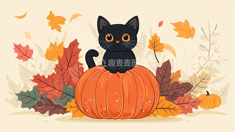 高清大图下载【趣麦麦图】黑猫南瓜秋叶插画